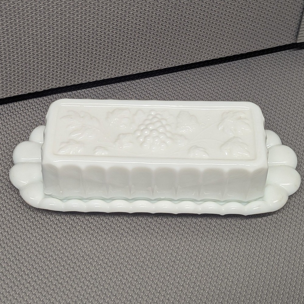 Vintage Westmoreland Milk Glass Butter Dish Paneled Grape White Covered Server
